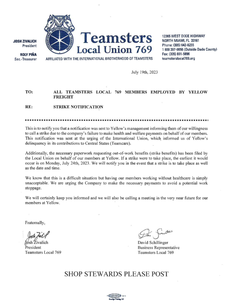 YRC Notification of Possible Strike Teamsters Local 769